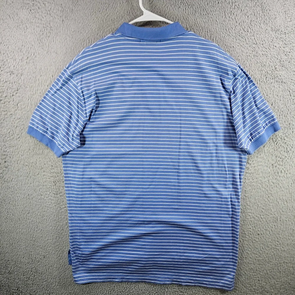 Polo Ralph Lauren Mens Blue White Striped Pima Cotton Polo Shirt Yellow Pony‎ L